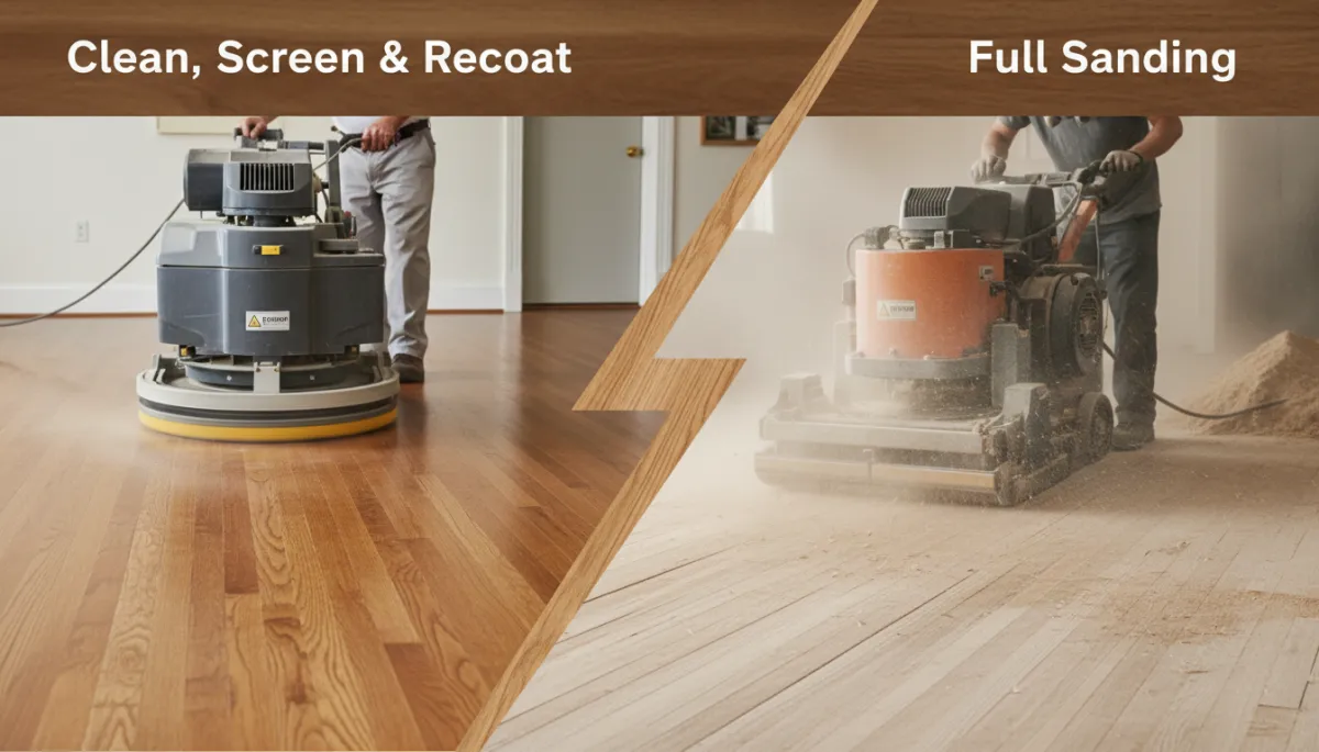 add a real picture. Context: This is for a blog post about "Clean, Screen & Recoat vs. Full Sanding: How to Save Big on Your Hardwood Floors". Style: Professional quality, photorealistic, high resolution add a real picture. Context: This is for a blog post about "Clean, Screen & Recoat vs. Full Sanding: How to Save Big on Your Hardwood Floors". Style: Professional quality, photorealistic, high resolution