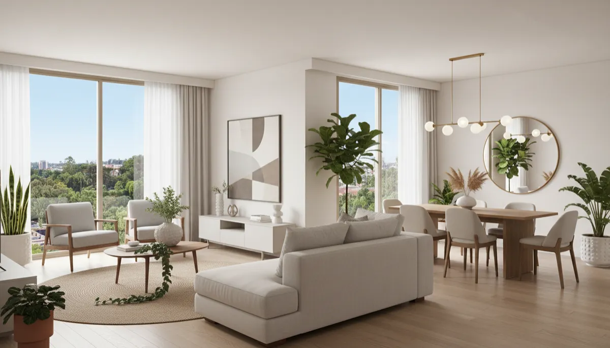 Sala y comedor modernos listos para mostrar a posibles compradores