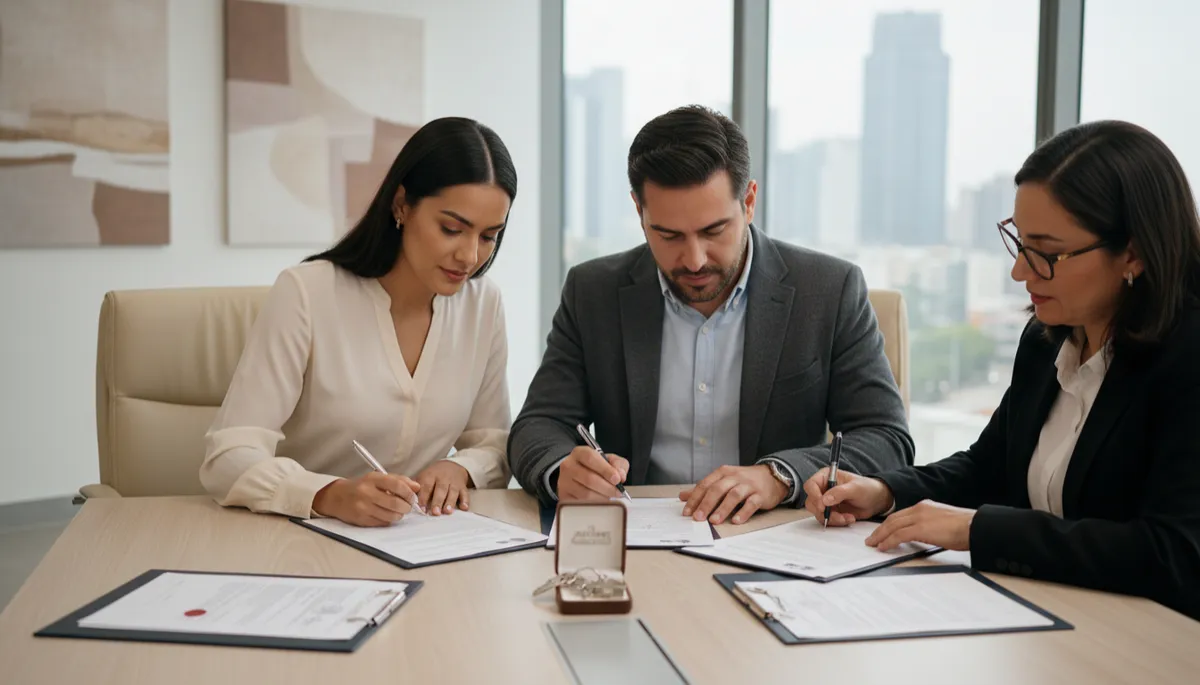 Pareja firmando escrituras de compra de casa con un notario
