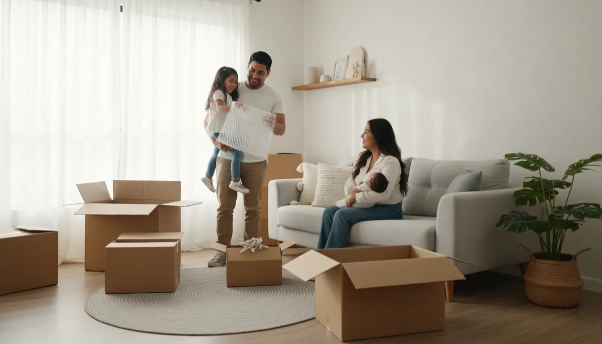 Familia joven mexicana en la sala de su nueva casa recién adquirida