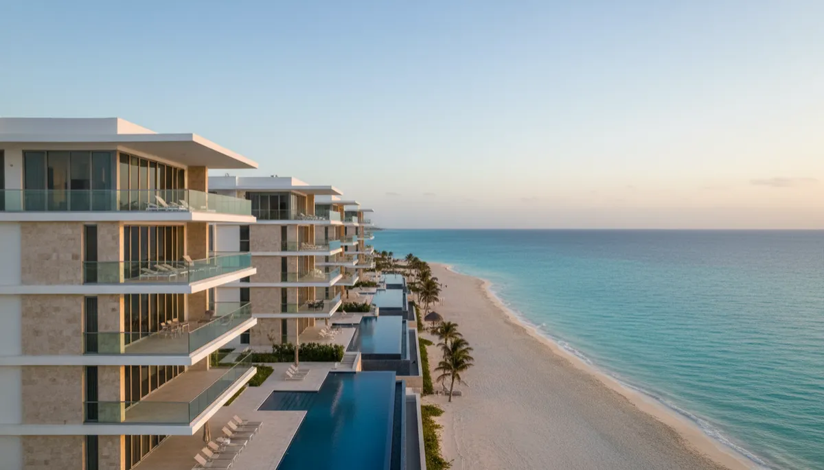 Desarrollo residencial fotorrealista frente al mar en Cancún con alberca y departamentos modernos
