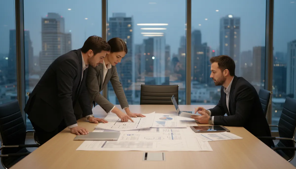 Inversionistas revisando planos y documentos financieros en sala de juntas con vista urbana