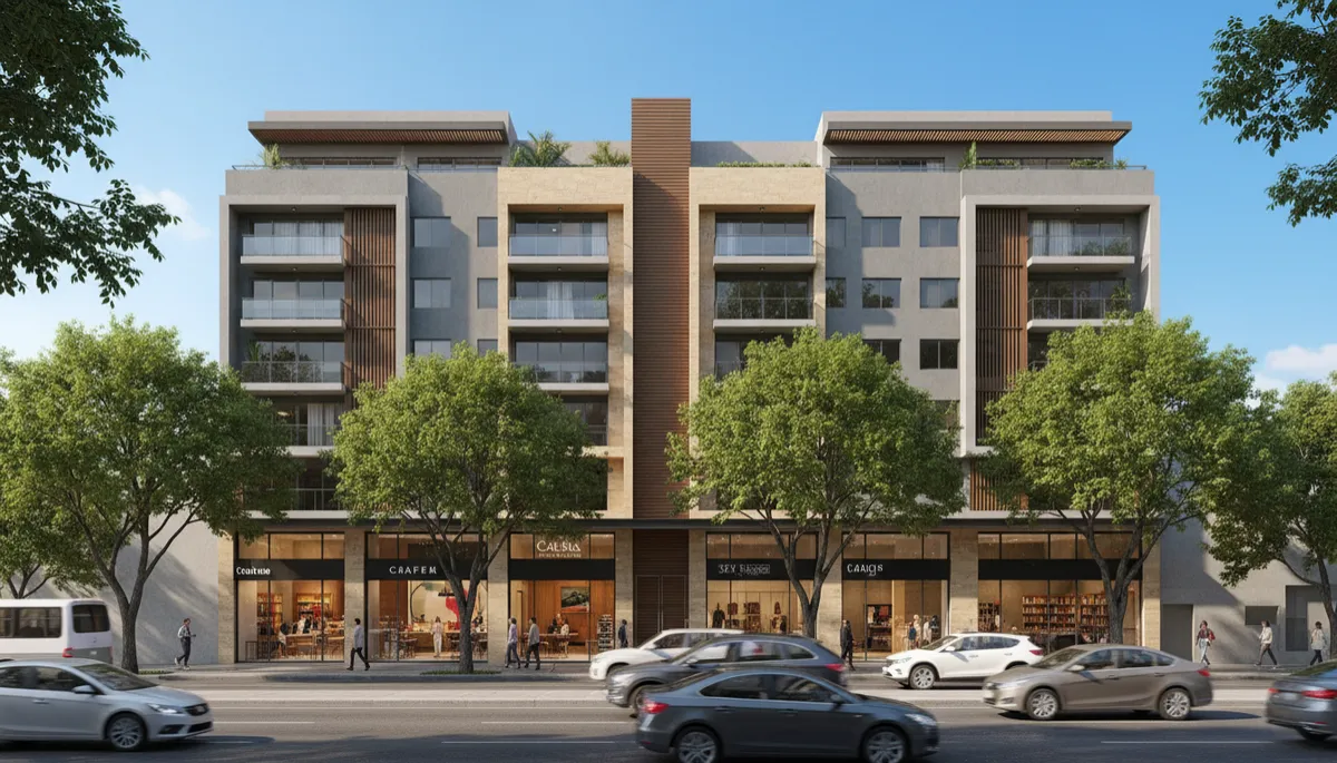 Edificio de departamentos fotorrealista en zona urbana moderna de Guadalajara con comercios y áreas peatonales
