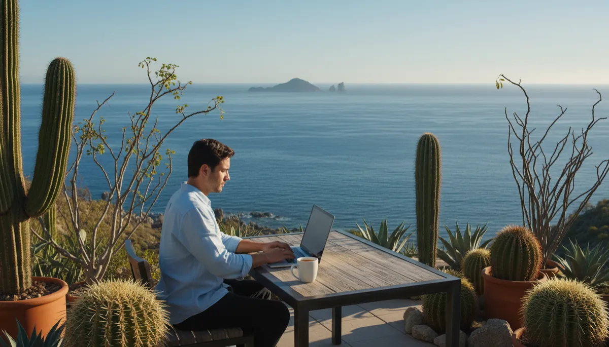 Profesional trabajando con vista al mar de Cortés desde una terraza en Los Cabos