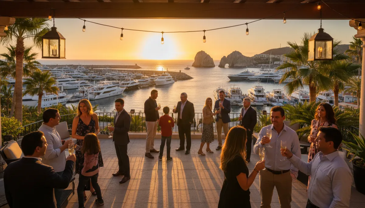 Personas de distintas nacionalidades compartiendo en una terraza con vista a la marina de Cabo San Lucas