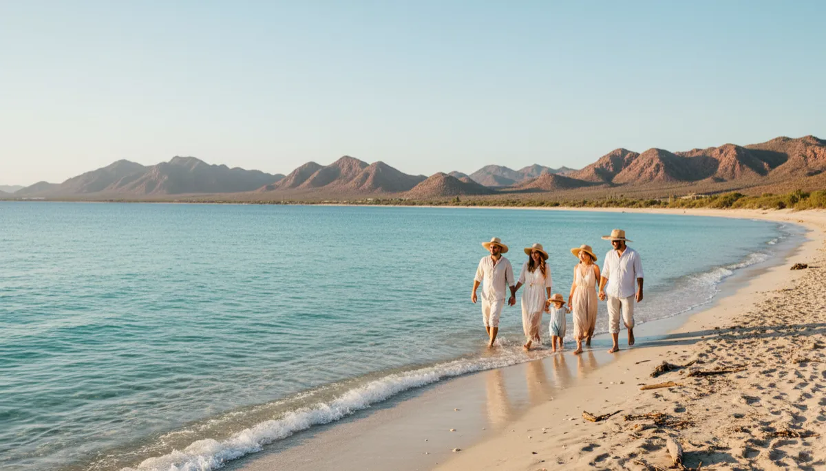 Familia disfrutando de una playa tranquila en el mar de Cortés