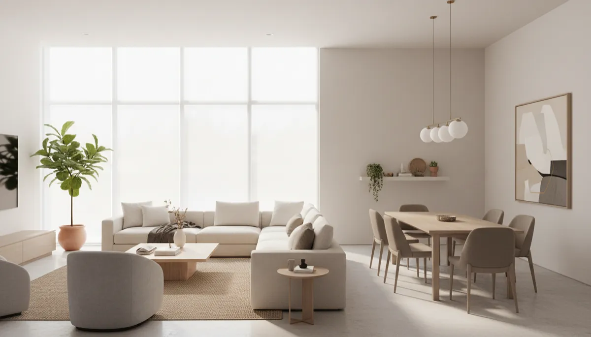 Sala-comedor moderna y ordenada lista para mostrar a compradores Sala-comedor moderna y ordenada lista para mostrar a compradores