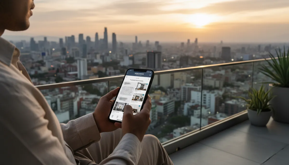 Persona usando aplicación inmobiliaria inteligente en smartphone con vista a Ciudad de México Persona usando aplicación inmobiliaria inteligente en smartphone con vista a Ciudad de México
