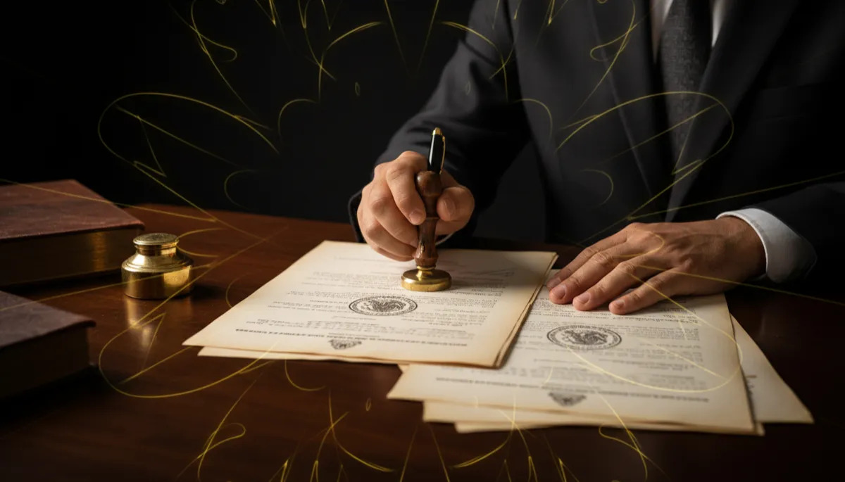 Notario mexicano firmando escrituras de una compraventa de casa