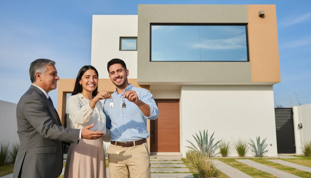 escena fotorrealista de una pareja joven mexicana recibiendo las llaves de una casa moderna de dos pisos, fachada en tonos neutros, gran ventanal y pequeño jardín frontal, agente inmobiliario saludando, cielo despejado