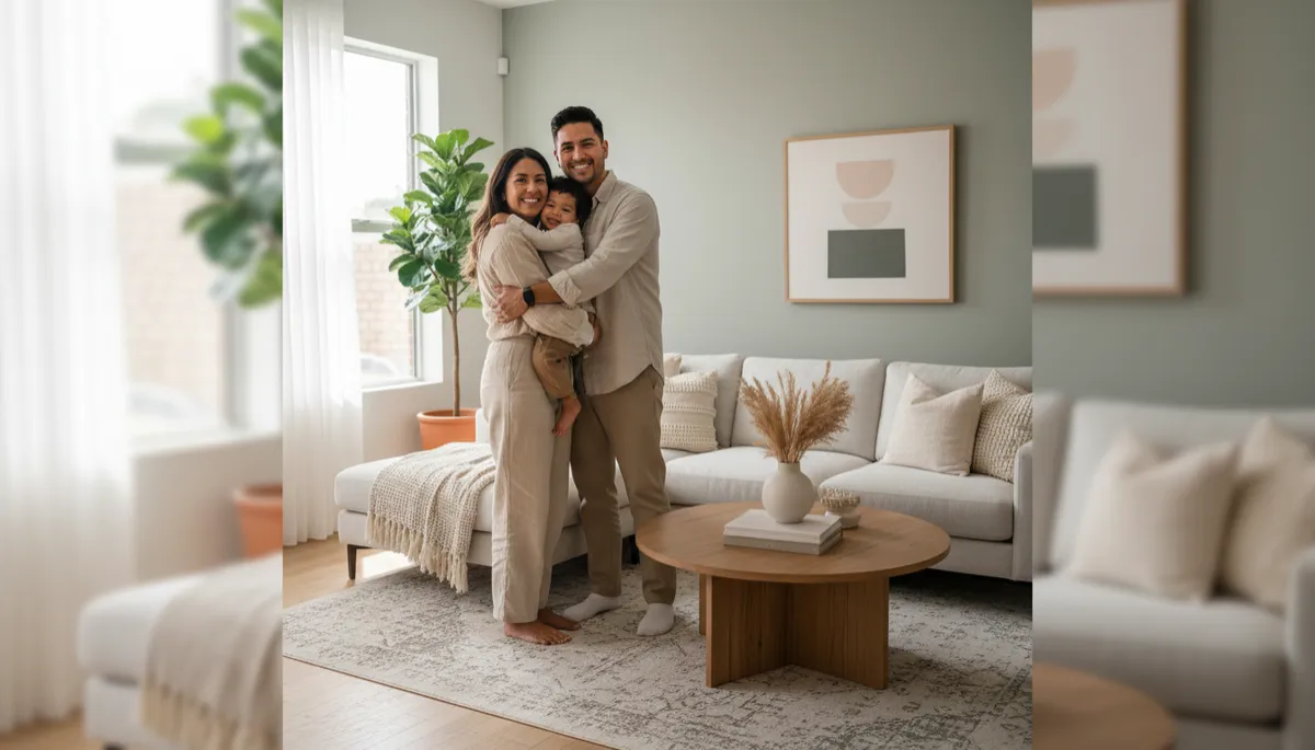 familia mexicana joven abrazada en la sala de su nueva casa, luz natural, decoración moderna en tonos neutros, estilo fotorrealista