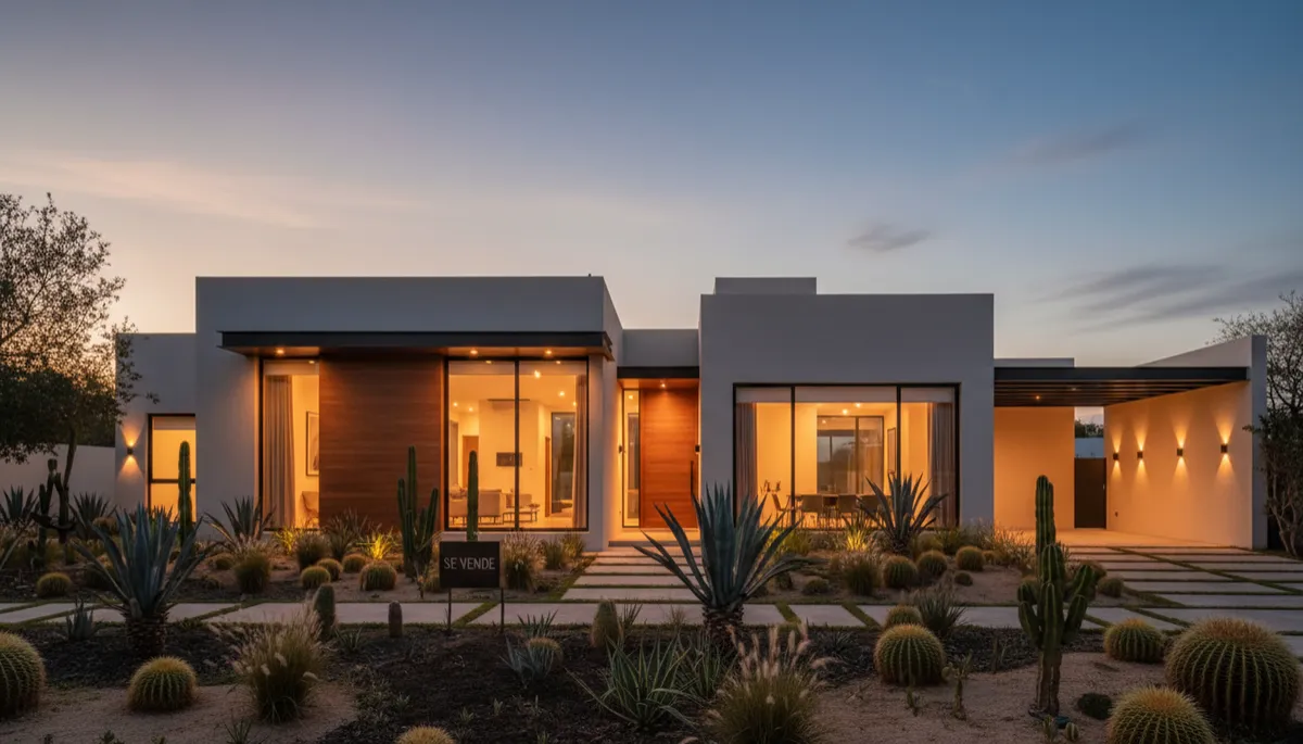 Fotografía fotorrealista de una casa moderna mexicana de fachada limpia y minimalista, al atardecer, con iluminación cálida encendida, jardín frontal bien cuidado y letrero discreto de se vende, estilo fotográfico profesional en tonos neutros