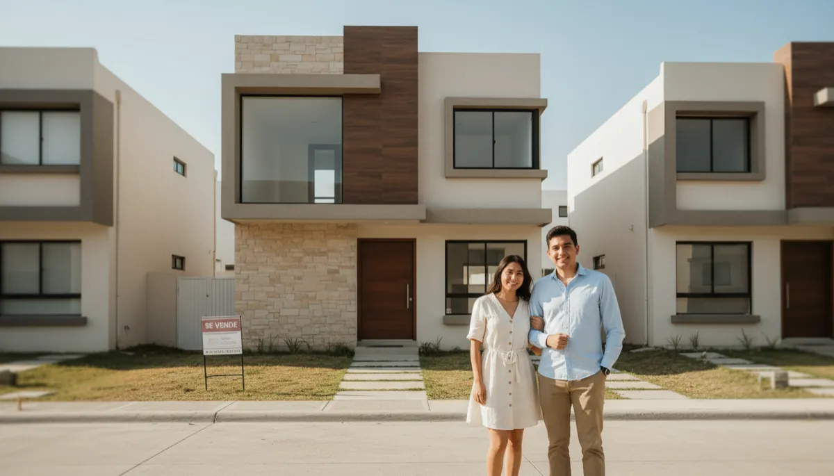 escena fotorrealista de una pareja joven mexicana frente a una casa moderna de interés medio en un fraccionamiento ordenado, cielo despejado, tonos neutros y cálidos, letrero de 'Se vende' discreto