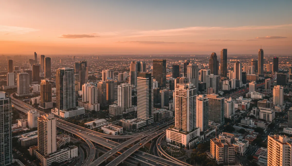 escena fotorrealista de skyline moderno de ciudad mexicana al atardecer, con edificios residenciales y corporativos de alta gama, tonos neutros y cálidos, vista aérea amplia que transmite crecimiento urbano y oportunidades de inversión