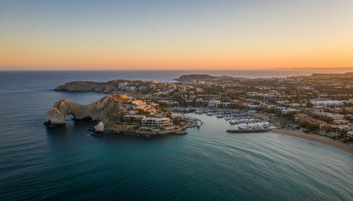Vista aérea fotorrealista de Cabo San Lucas al atardecer, con el Arco, el mar de Cortés en tonos turquesa, y una mezcla de residencias modernas y villas junto a la marina; cielo dorado y ambiente sereno