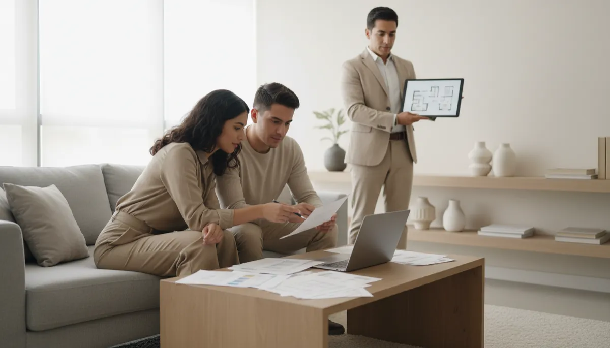 escena fotorrealista en tonos neutros de una pareja mexicana joven sentada en la sala de un departamento moderno, revisando documentos financieros y una laptop sobre la mesa, al fondo un agente inmobiliario les muestra planos de una casa en una tablet