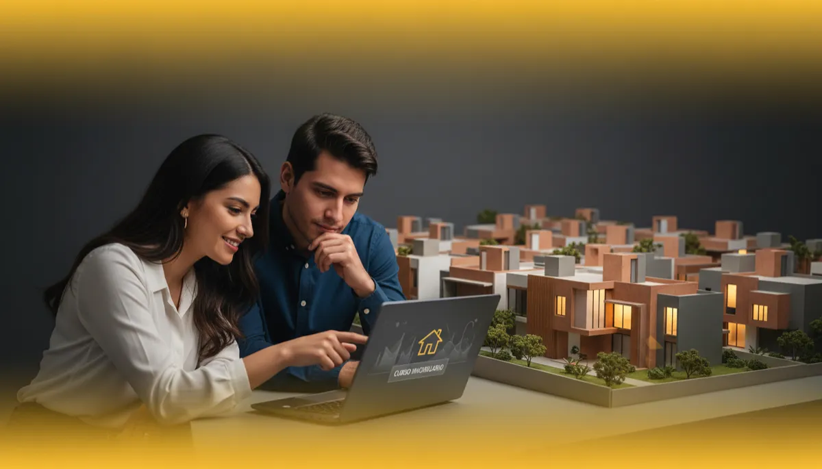 escena fotorrealista moderno de pareja mexicana joven revisando en laptop un curso inmobiliario en línea, al fondo maqueta de desarrollo de vivienda con arquitectura mexicana contemporánea, colores amarillo #FFD600 y tonos oscuros elegantes, ambiente cálido y profesional