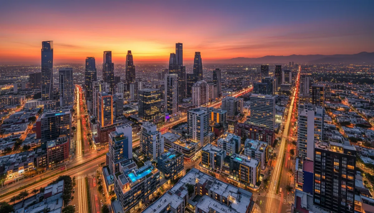 Vista aérea fotorrealista moderno de varias ciudades de México al atardecer, con skylines contemporáneos, avenidas iluminadas y desarrollos residenciales de arquitectura contemporánea con detalles en tonos vibrantes modernos y acentos amarillos