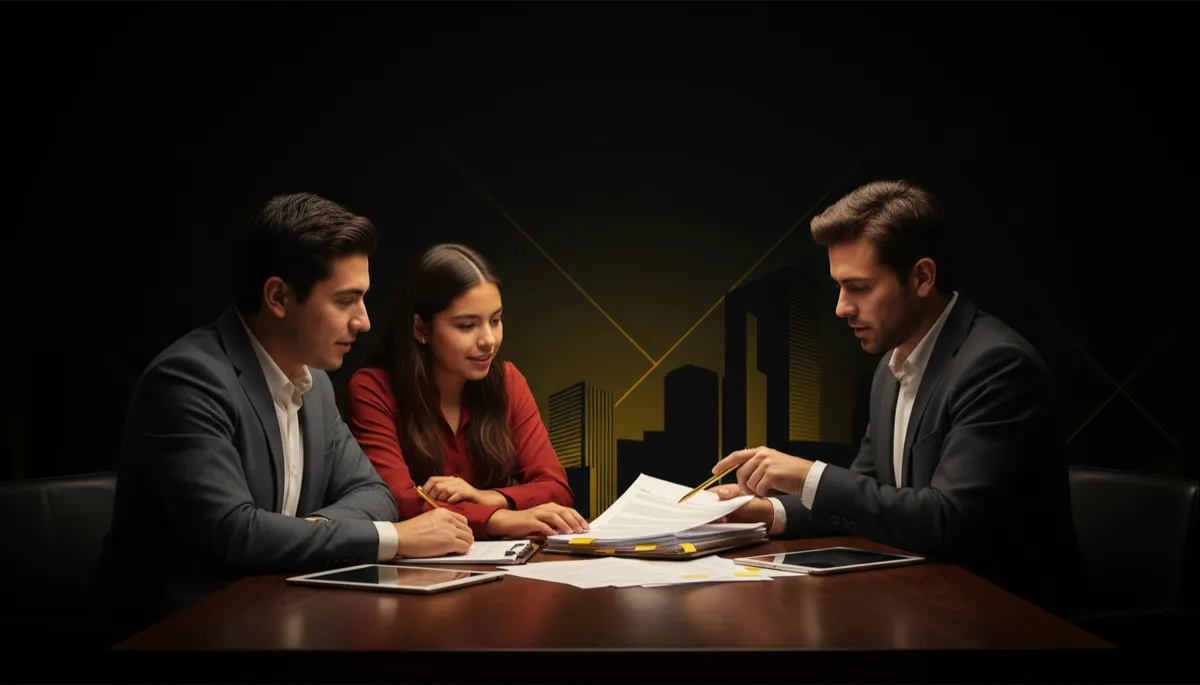 familia mexicana joven revisando documentos de compra de casa con agente inmobiliario en una mesa, fondo oscuro elegante con detalles en amarillo dorado, estilo profesional