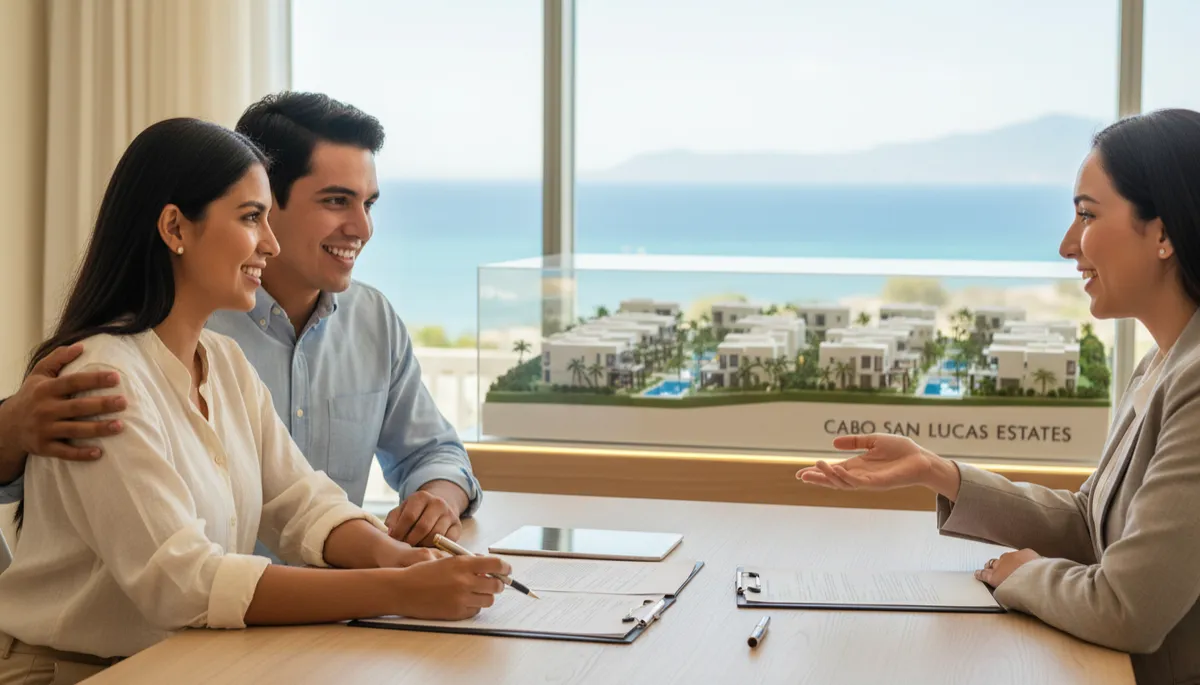 escena fotorrealista de una pareja joven mexicana sonriendo mientras firma documentos de compra de casa con un asesor inmobiliario en una oficina luminosa, al fondo una maqueta de desarrollo habitacional en Cabo San Lucas, tonos neutros y ambiente acogedor