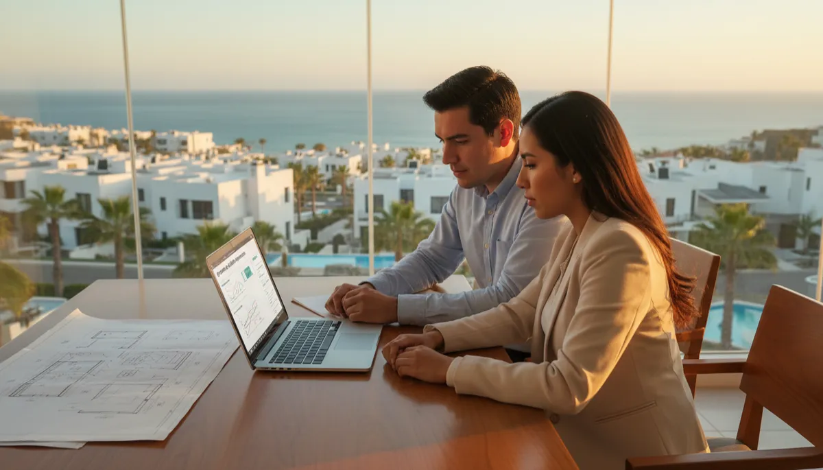 escena fotorrealista de una pareja joven mexicana revisando opciones de crédito hipotecario en una laptop, con planos de una casa y vista a un fraccionamiento moderno en Cabo San Lucas, luz cálida y ambiente neutro profesional