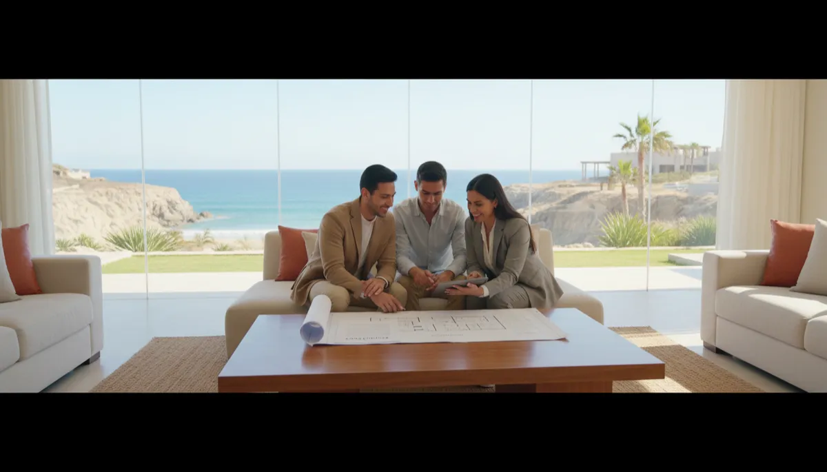 Pareja joven mexicana sonriente revisando planos y contrato en la sala luminosa de una casa moderna en Cabo San Lucas, agente inmobiliario profesional señalando detalles en una tablet, estilo fotorrealista, paleta de colores neutros y cálidos