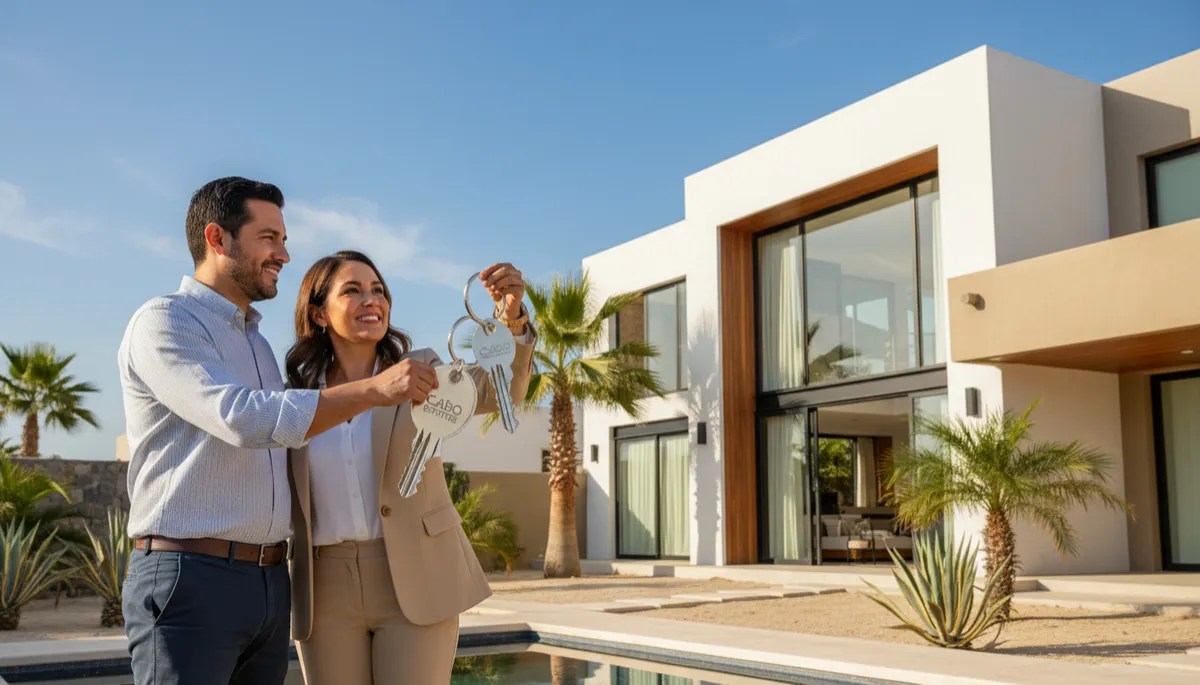 escena fotorrealista de pareja de trabajadores del gobierno mexicano recibiendo las llaves de su nueva casa moderna en Cabo San Lucas, agente inmobiliario sonriendo, fachada clara y luminosa, colores neutros y cálidos, cielo despejado