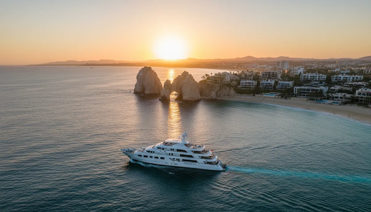 Vista aérea fotorrealista al atardecer de Cabo San Lucas con el Arco, yate de lujo en primer plano, resorts frente al mar y residencias modernas en tonos neutros, cielo dorado y mar en calma