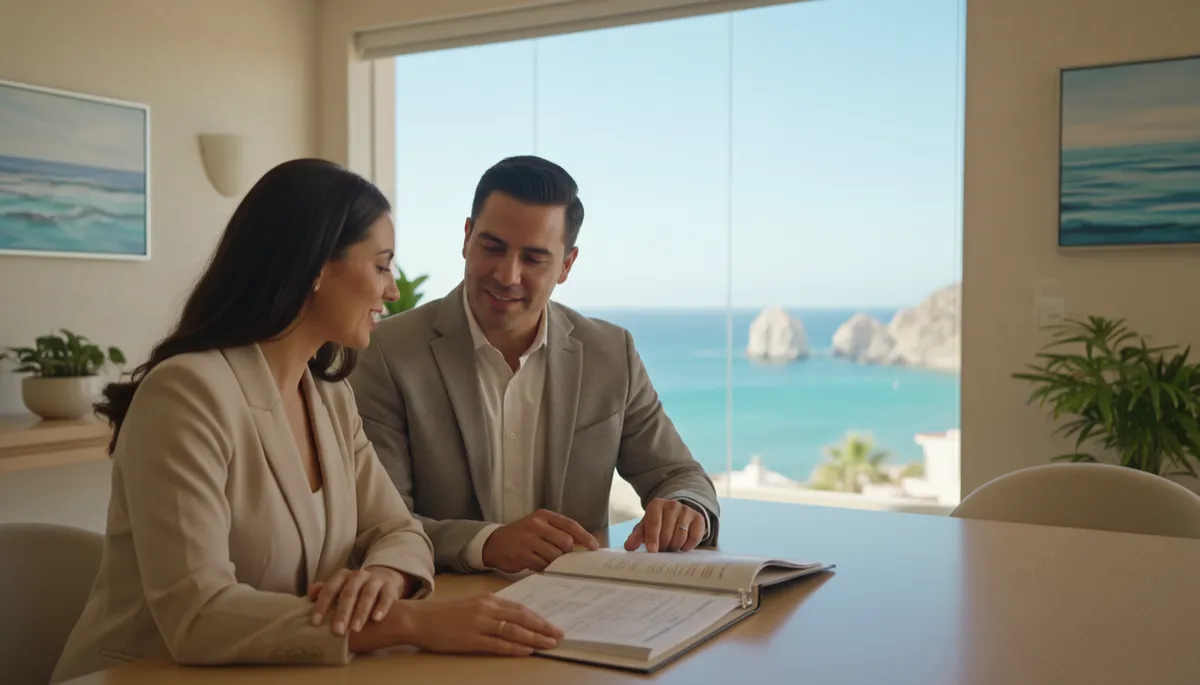 Pareja sonriente revisando carpeta de documentos inmobiliarios junto a un asesor en una mesa de madera clara, ventana con vista al mar de Cabo San Lucas al fondo, iluminación suave y ambiente acogedor, estilo fotorrealista, tonos neutros