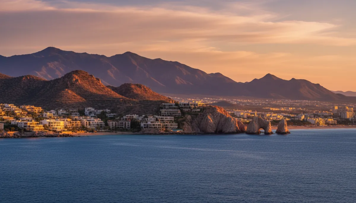 Vista panorámica fotorrealista al atardecer de Cabo San Lucas y el Arco, con mar en tonos azul profundo, edificios residenciales modernos en primer plano y montañas desérticas de fondo, luz cálida y ambiente sofisticado