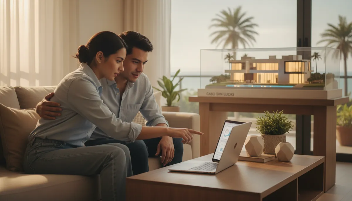 pareja mexicana joven revisando su reporte de crédito en una laptop en la sala de un departamento luminoso, al fondo se ve una maqueta de casa en Cabo San Lucas, estilo fotorrealista, colores neutros y cálidos