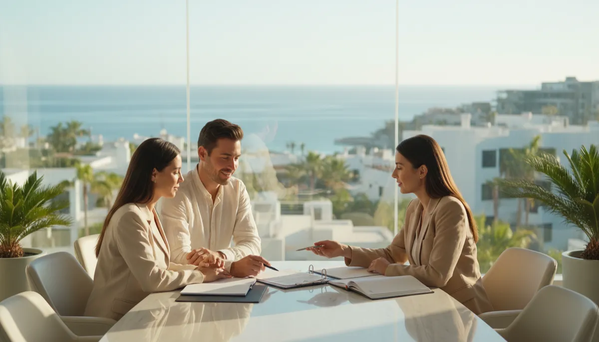 Escena fotorrealista de pareja sentada con asesor inmobiliario en una oficina luminosa en Cabo San Lucas, revisando documentos de escrituración sobre una mesa, al fondo vista suave al mar y edificios residenciales, tonos neutros y ambiente calmado
