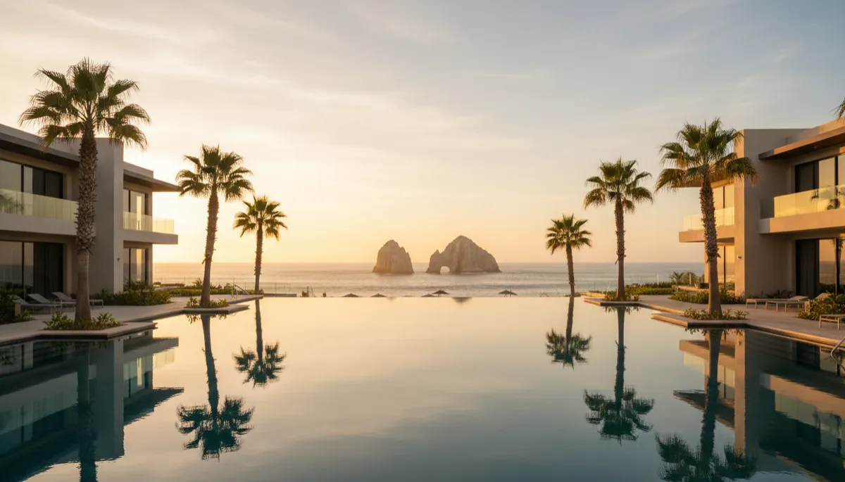 escena fotorrealista al atardecer de un desarrollo frente al mar en Los Cabos, edificios modernos de tonos neutros, palmeras, alberca infinita y el arco de Cabo San Lucas al fondo, cielo dorado suave