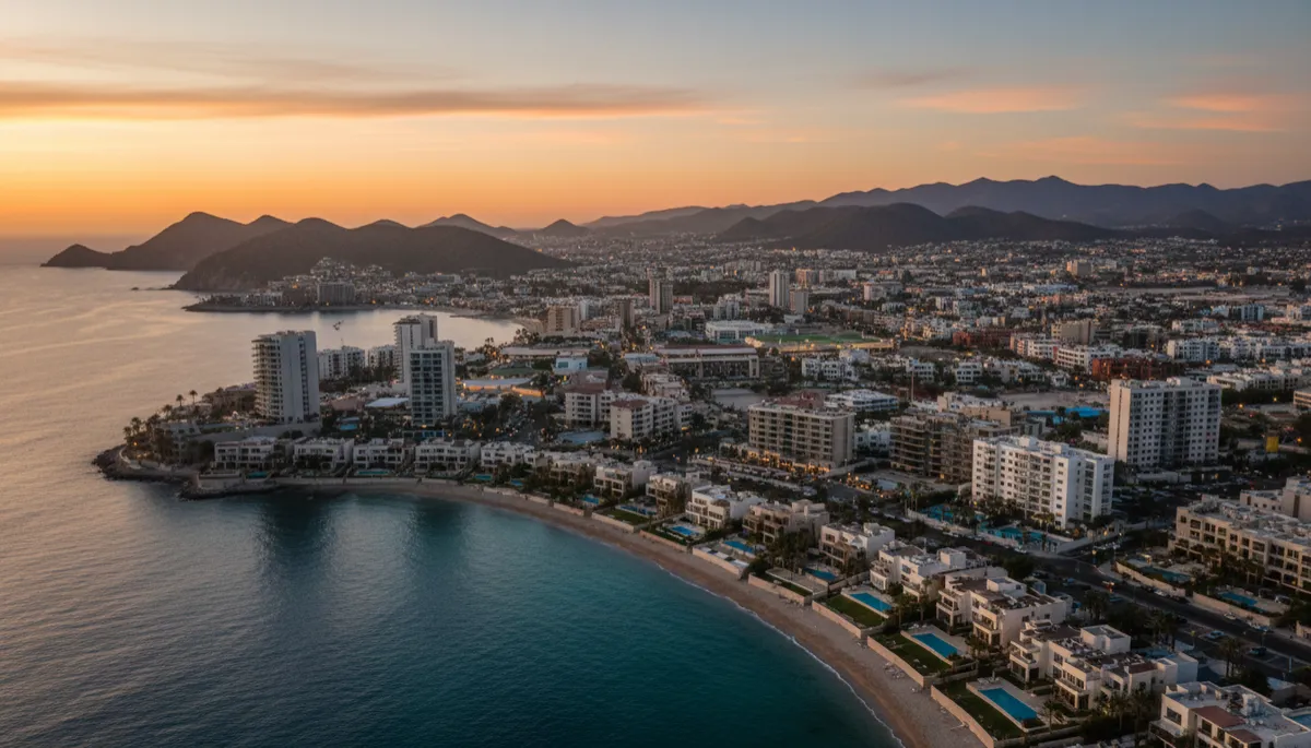 Vista aérea fotorrealista y en tonos neutros de Cabo San Lucas al atardecer, con desarrollos residenciales modernos frente al mar, edificios de uso mixto y zonas comerciales iluminadas suavemente, cielo dorado y azul grisáceo, mar en calma y montañas al fondo