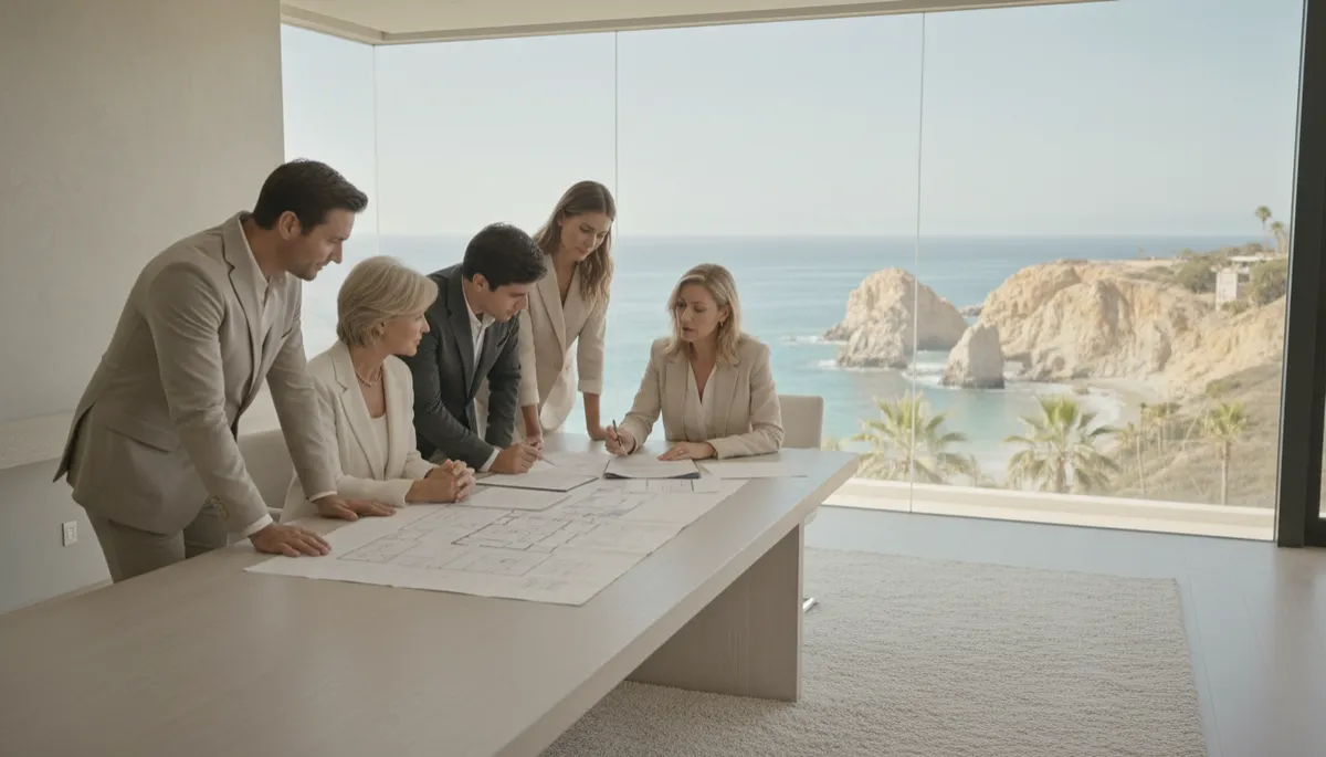 Escena fotorrealista en tonos neutros de una familia adulta reunida con un asesor legal en una sala moderna, revisando documentos de propiedad sobre una mesa de madera clara, con vista a un paisaje costero similar a Cabo San Lucas