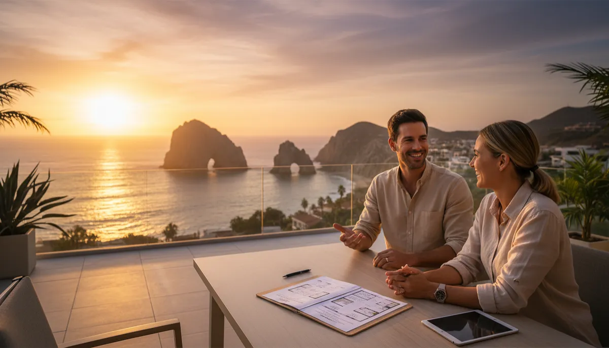 Vista fotorrealista al atardecer de Cabo San Lucas con el Arco al fondo, pareja conversando con asesor inmobiliario en terraza con vista al mar, documentos de compra-venta sobre la mesa, tonos neutros y cálidos
