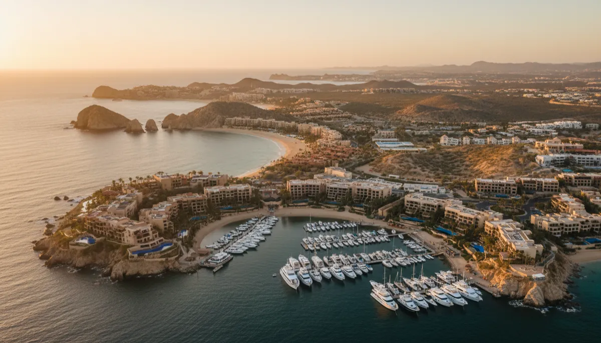Vista aérea fotorrealista al atardecer de Los Cabos con marina de yates, resorts frente al mar y villas de lujo integradas en el paisaje desértico-costero, tonos neutros y luz dorada