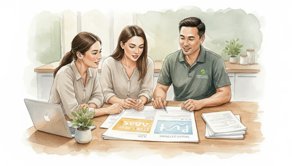 Homeowners reviewing a detailed solar and battery quote showing STC rebates, professional style Homeowners reviewing a detailed solar and battery quote showing STC rebates, professional style
