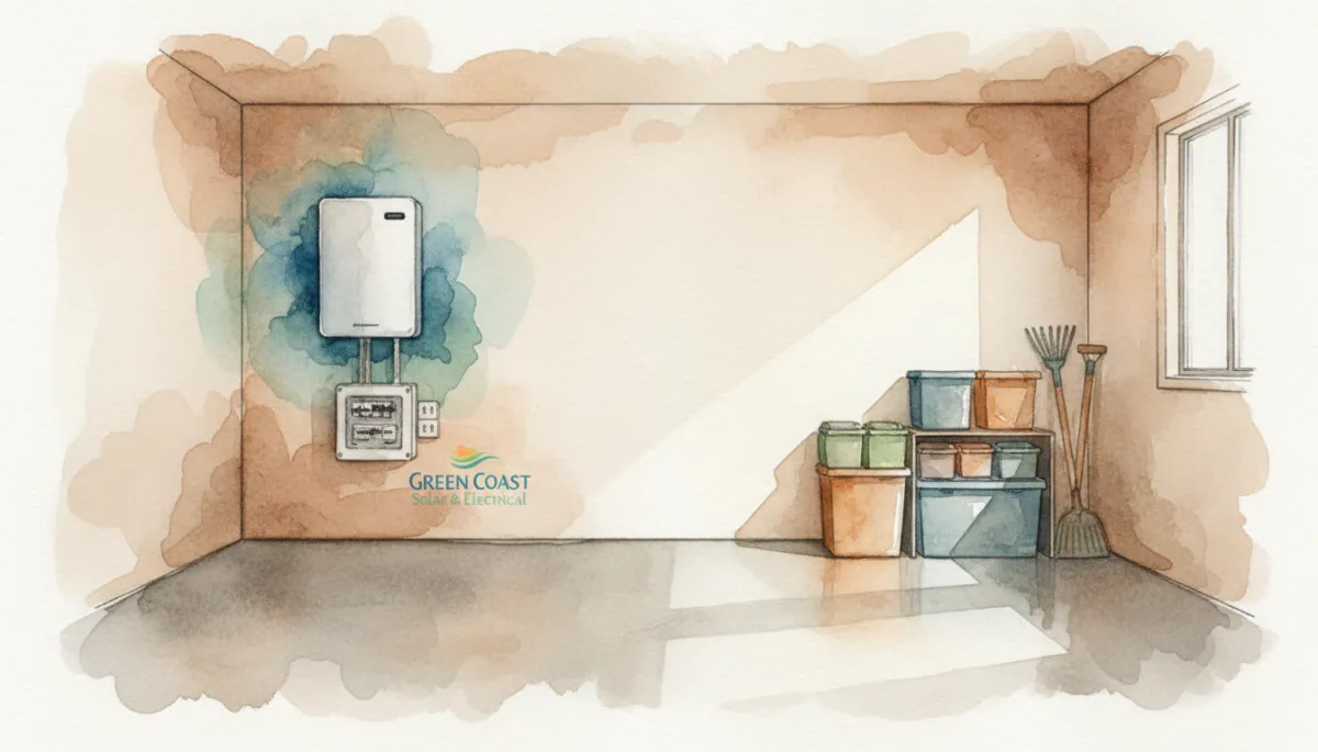 Professionally installed home battery system and electrical board in a modern garage