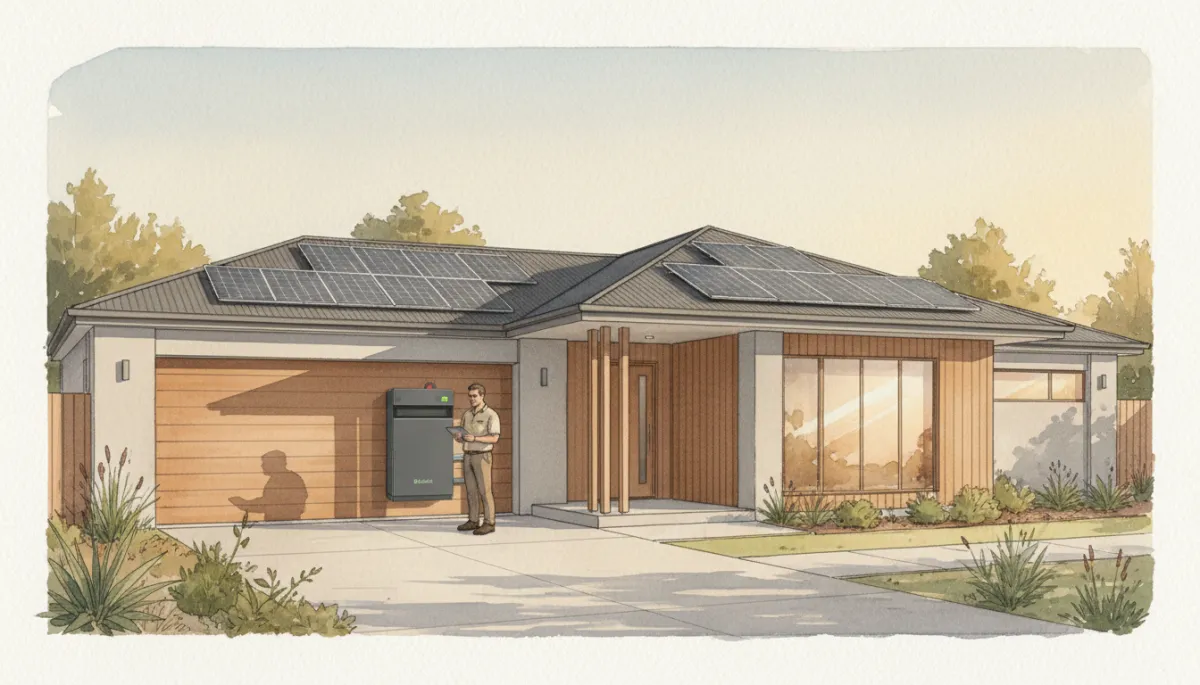 professional photorealistic scene of a modern Australian home with rooftop solar panels and a wall-mounted battery in a tidy garage, late afternoon light, neutral colour palette, subtle Green Coast Solar & Electrical branding on a technician’s shirt, clean and calm composition