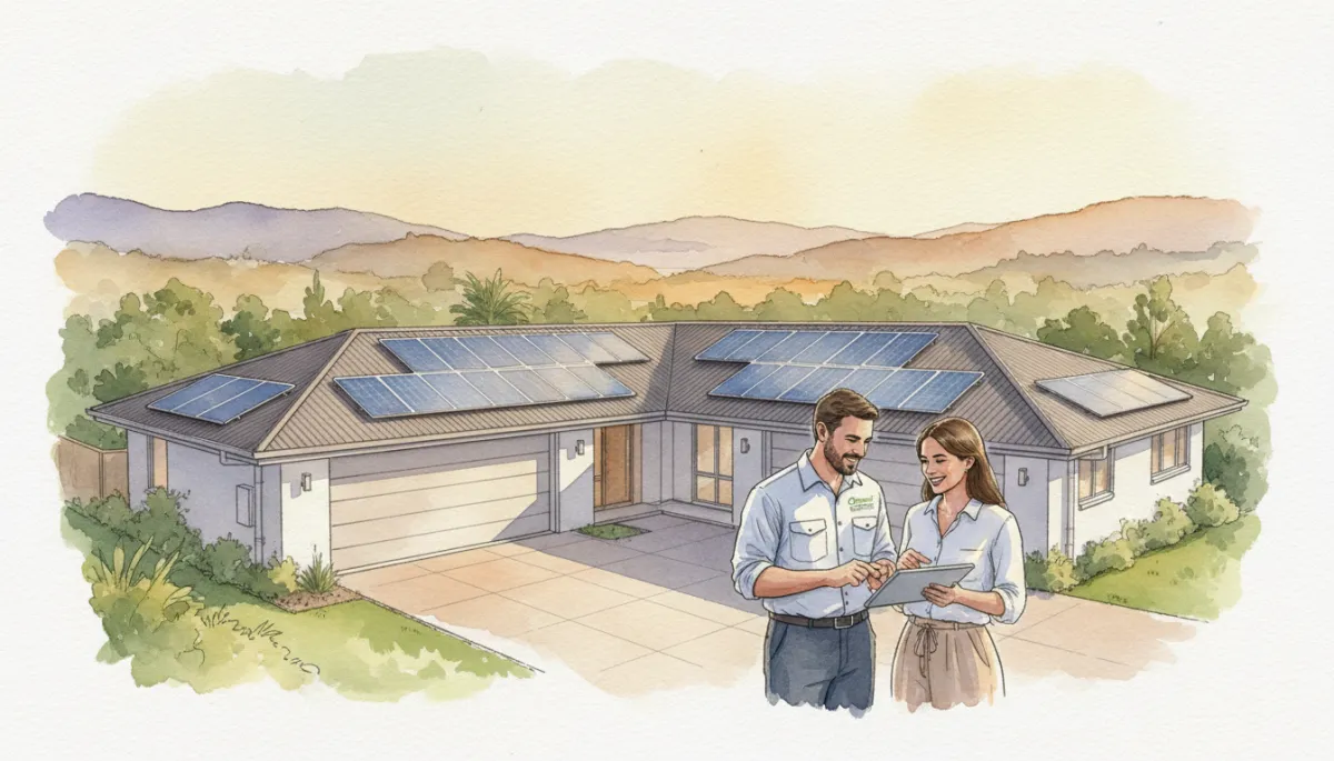 professional neutral-tone wide shot of a modern family home in South East Queensland with rooftop solar panels at golden hour, licensed electrician in branded uniform from Green Coast Solar & Electrical talking with a couple in the driveway reviewing plans on a tablet, clean and professional style, soft natural lighting