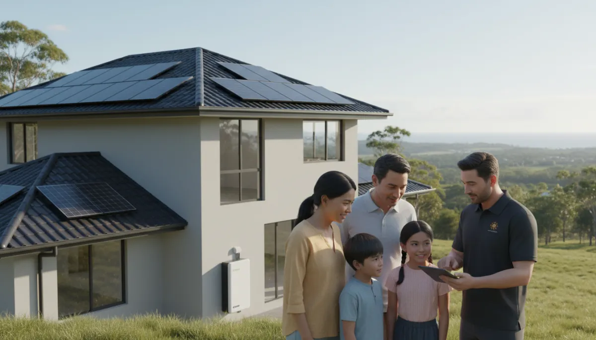 professional neutral-toned photo of a South East Queensland family with a solar installer reviewing a tablet in front of a modern home with rooftop solar and a wall-mounted battery, soft natural daylight, clean composition