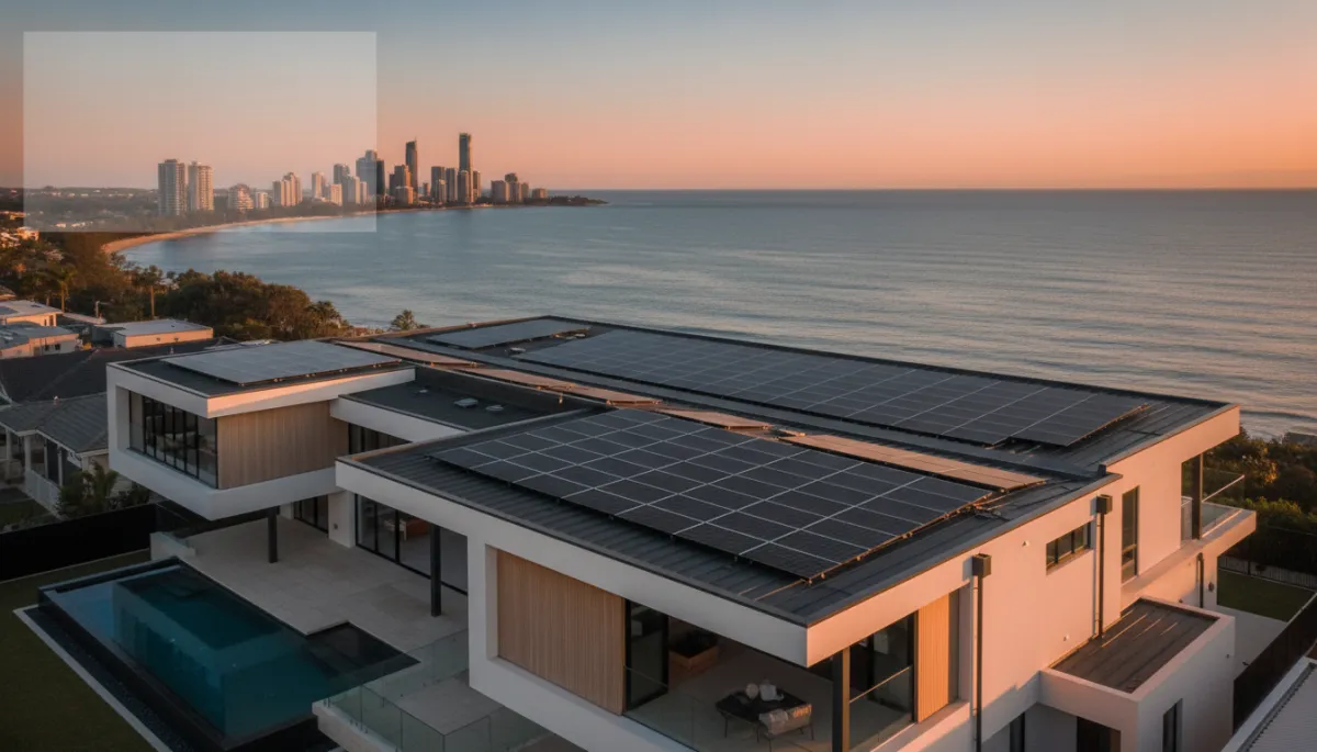 professional photorealistic aerial view of a modern Gold Coast home with neatly arranged rooftop solar panels at sunset, neutral colour palette, clean lines, subtle ocean and city skyline in background, light overlay area for text