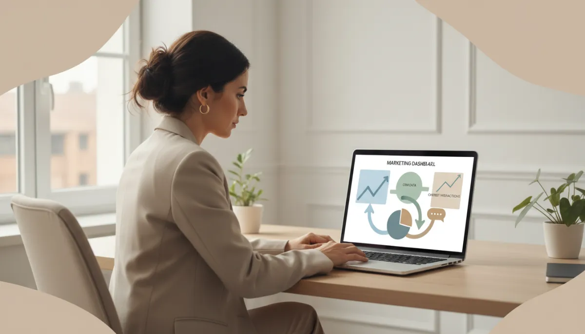 oficina moderna fotorrealista con dueña de PyME argentina mirando un dashboard de marketing en una notebook, gráficos de emails, CRM y chatbots en pantalla, luz natural, paleta de colores neutros
