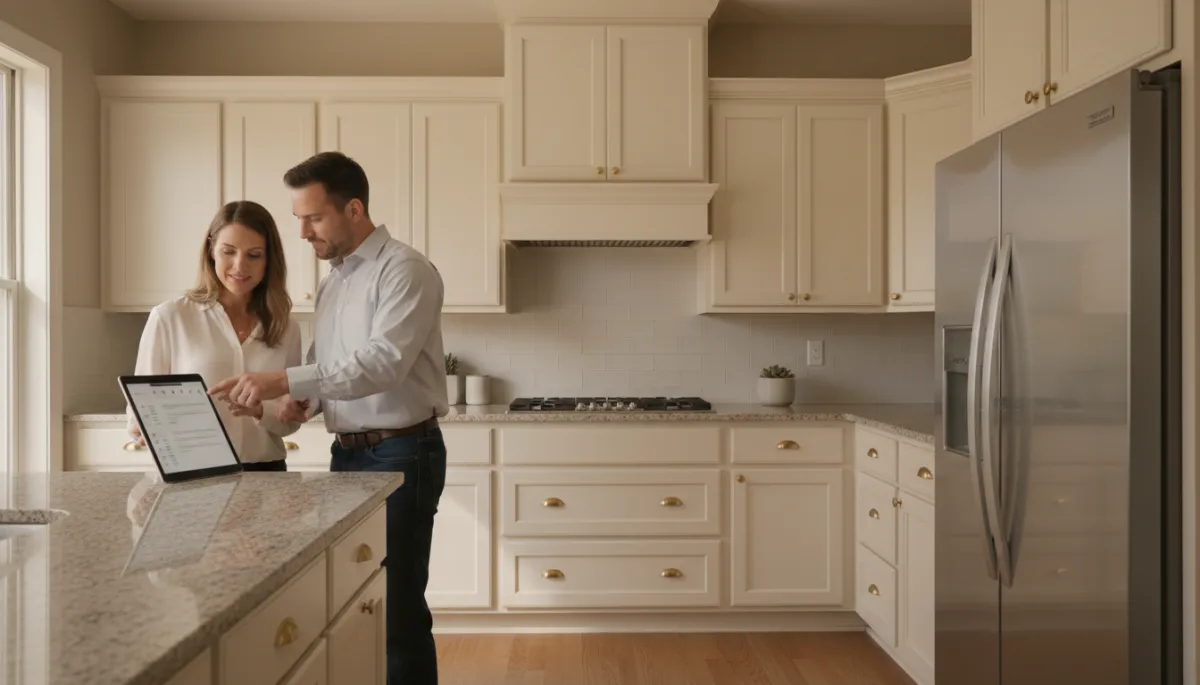 Neutral updated kitchen with homeowner and contractor reviewing minor repairs