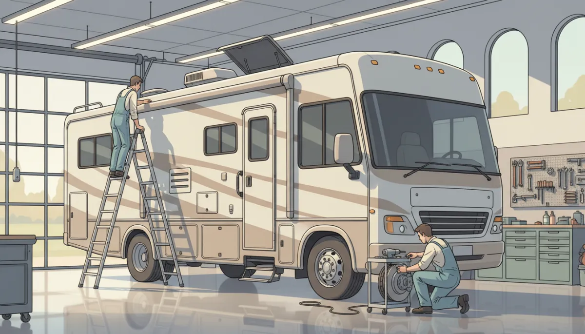 Technicians inspecting the roof, brakes, and tires of an RV inside a service bay Technicians inspecting the roof, brakes, and tires of an RV inside a service bay