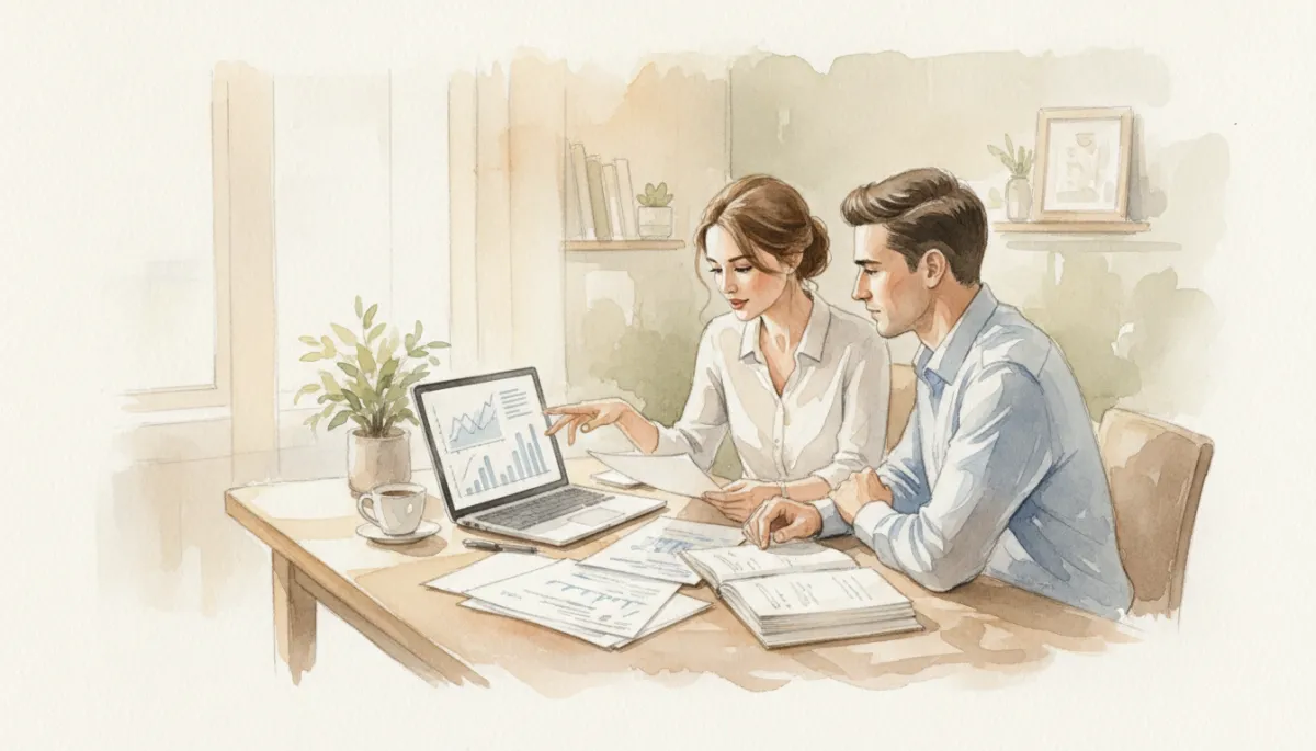 Couple reviewing term life insurance coverage and finances at home