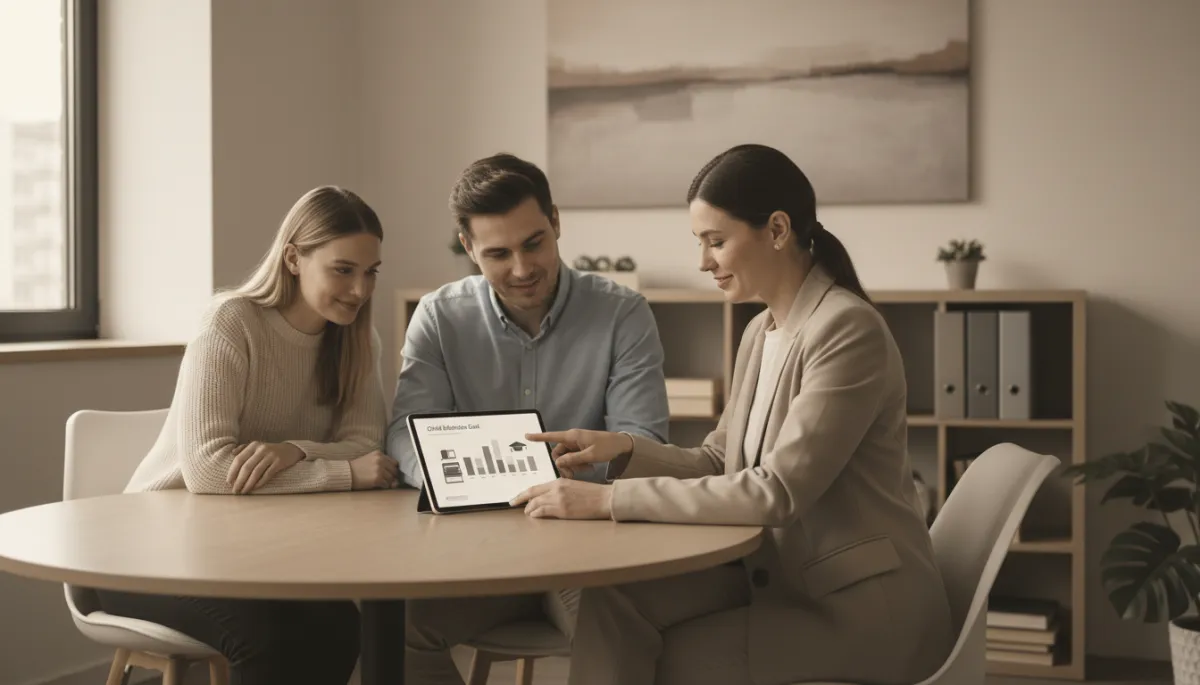 Parents discussing children’s future insurance plans with financial advisor