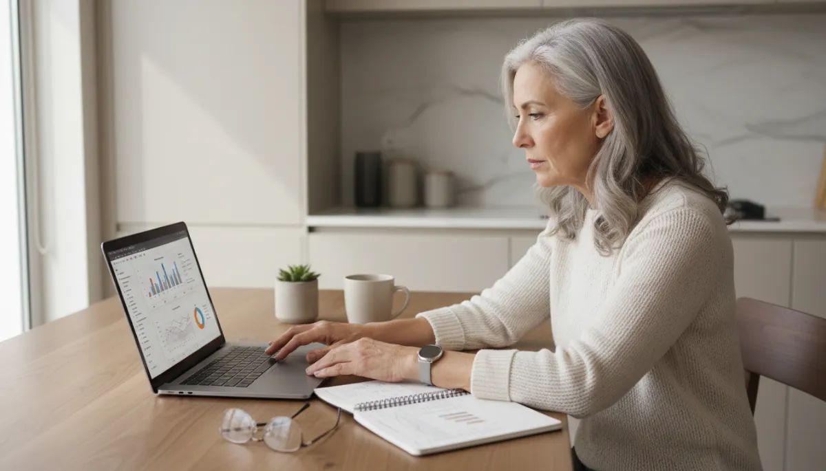 Retiree reviewing a diversified investment portfolio on a laptop at home Retiree reviewing a diversified investment portfolio on a laptop at home