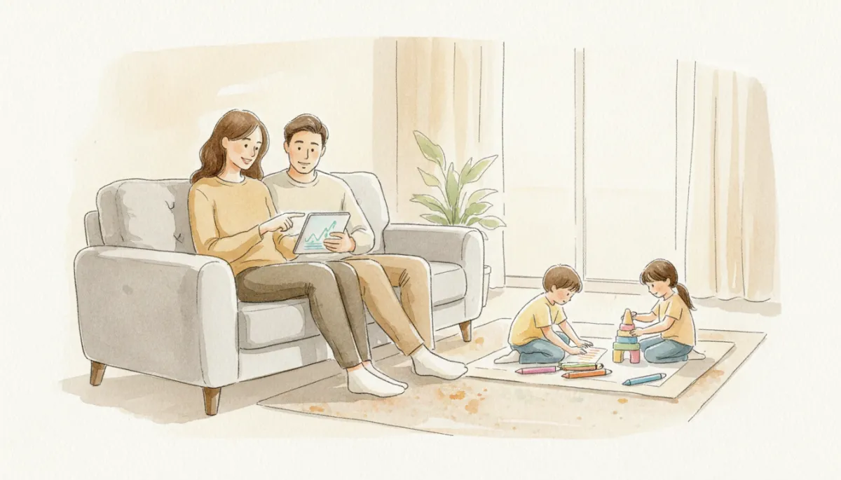 Parents reviewing their family insurance plan at home